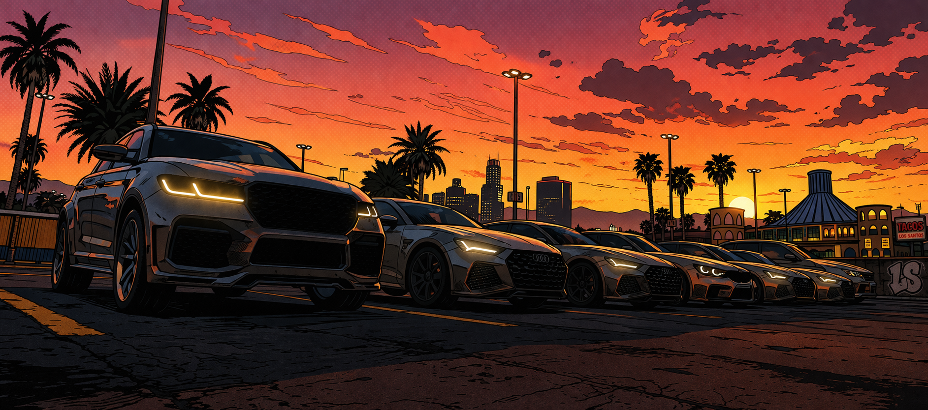 Car Meet bei Sonnenuntergang